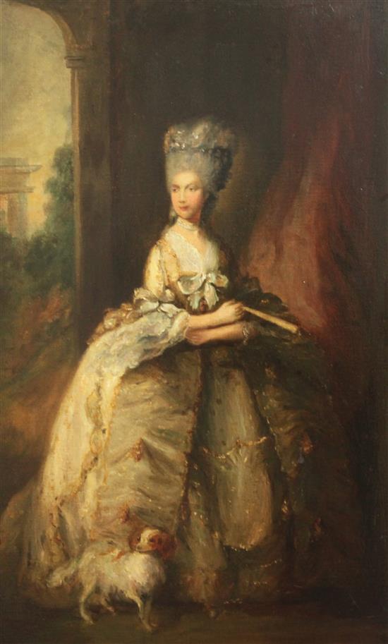 After Thomas Gainsborough (1727-1788) Portrait of Queen Charlotte with her spaniel 23.5 x 15in.